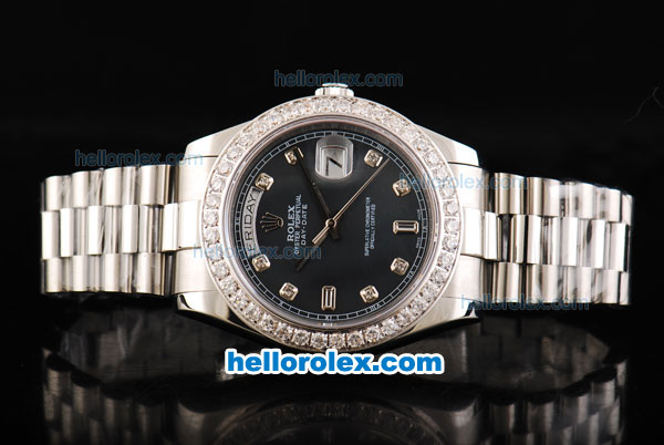 Rolex Day Date II Automatic Movement Full Steel with Diamond Bezel-Diamond Markers and Black MOP Dial - Click Image to Close